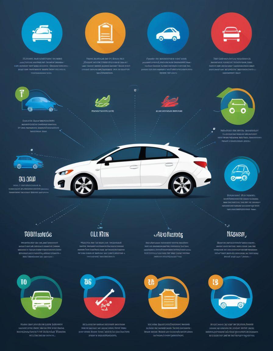 A visually striking infographic illustrating various auto insurance coverage options with colorful icons representing liability, collision, comprehensive, and personal injury protection. Include a clear breakdown of each coverage type in an engaging format that invites the reader to explore. Use a car in the background surrounded by policy documents to symbolize the theme of auto insurance. vibrant colors. modern infographic style.