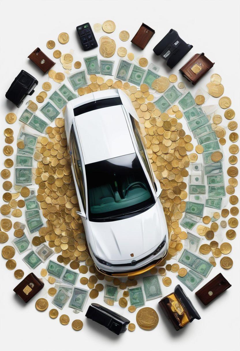 A creative flat lay of a shield made of gold coins representing vehicle protection, surrounded by colorful dollar bills, a calculator, and a notepad with savings strategies written on it. In the background, a collage of different vehicles like cars, motorcycles, and trucks for a diverse approach to vehicle security. Emphasize bright colors and clarity to engage the viewer. super-realistic. vibrant colors. white background.